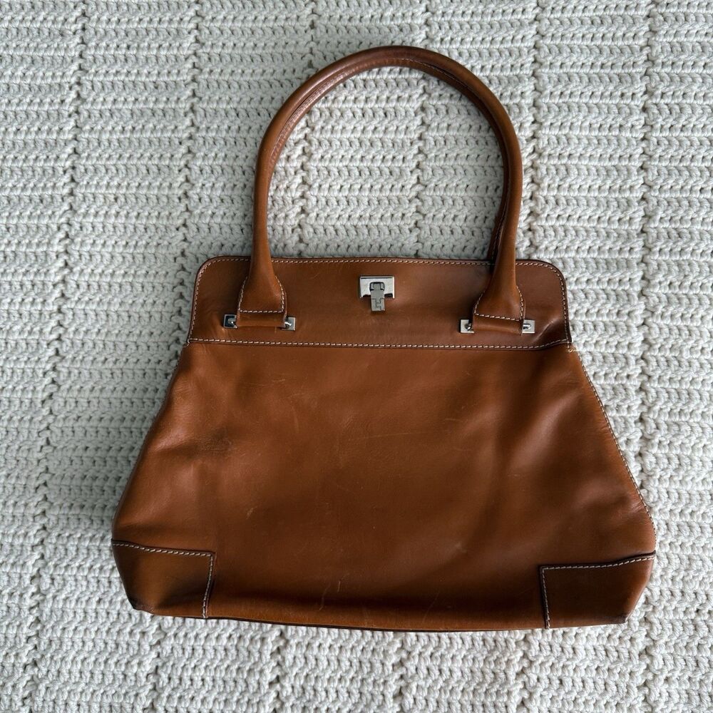 Lambertson Truex Leather Satchel Handbag Brown Italy Structured Tote Double Hand